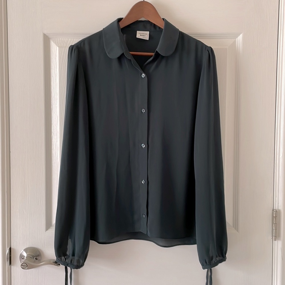 Aritzia Sunday Best Forest Green Peter Pan Collar Button Up Top